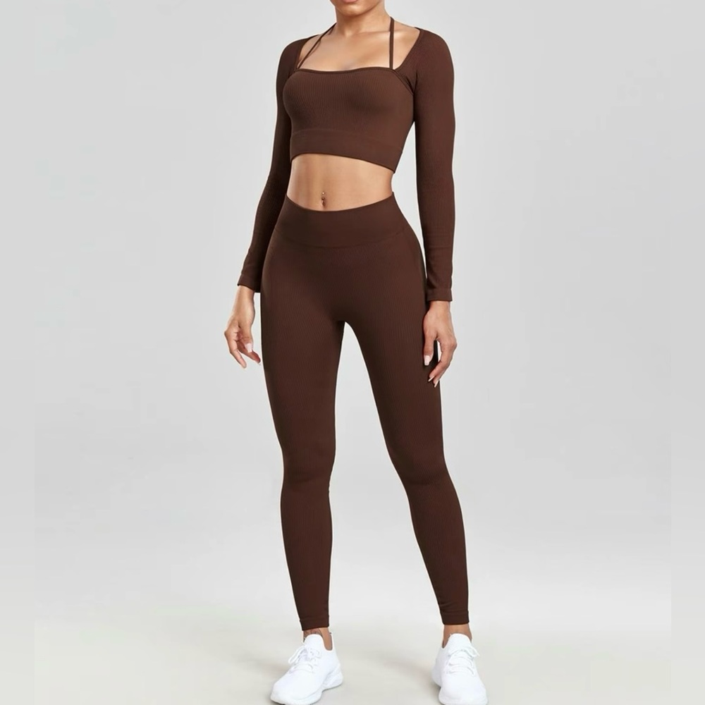 Womens 2 Pieces Solid Seamless Long Sleeve Crop Top And Legging
